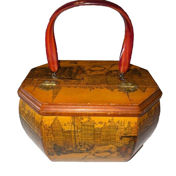 VTG Anton Pieck Wood Landscape Octagon Decoupage Purse Bag Lucite‎ Handle Art - Picture 4 of 6
